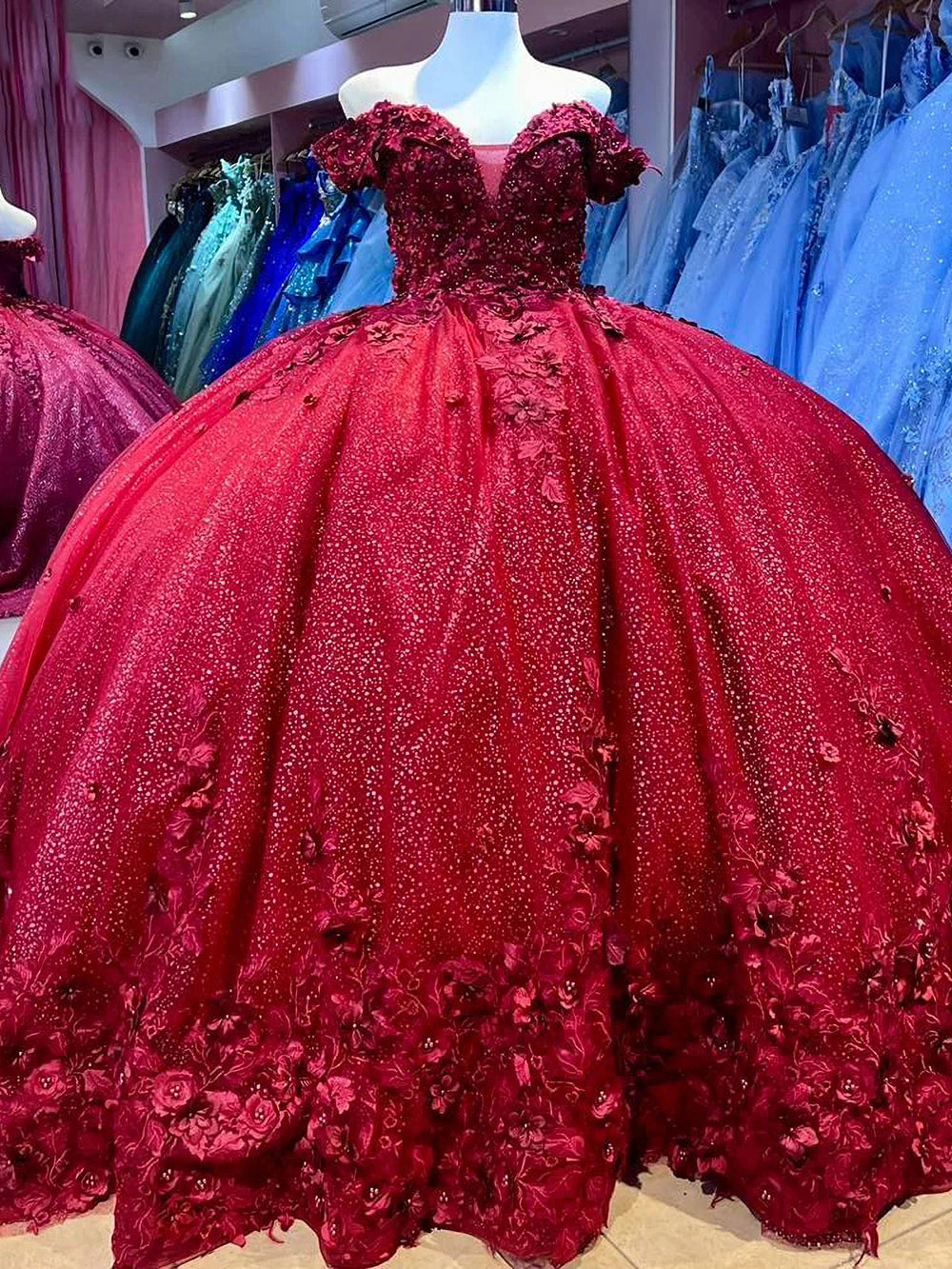 Sparkly & Glitter Ball Gown Off Shoulder Floral Appliques Red Tulle Quinceanera Dress Princess Birthday Party Gown for Sweet 16
