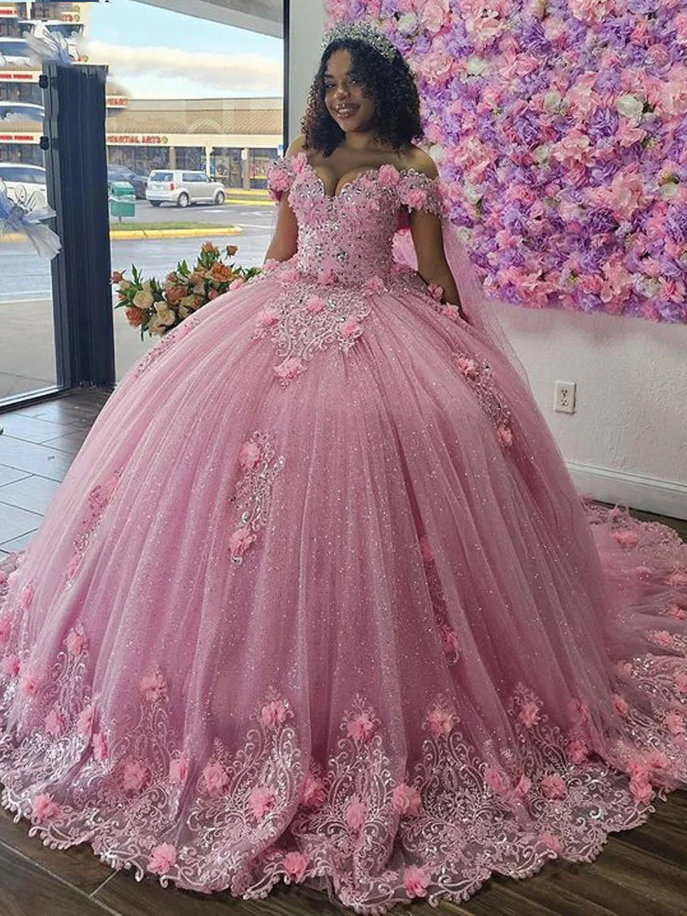 Chic & Cute Ball Gown Off Shoulder 3D Flower Lace Appliques Beaded Pink Tulle Quinceanera Dress Birthday Party Gown for Sweet 16