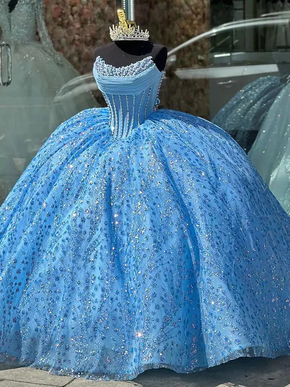 Glitter & Glamorous Ball Gown Strapless Fully Beaded Sequins Sky Blue Tulle Quinceanera Dress Princess Birthday Party Gown For Sweet 16