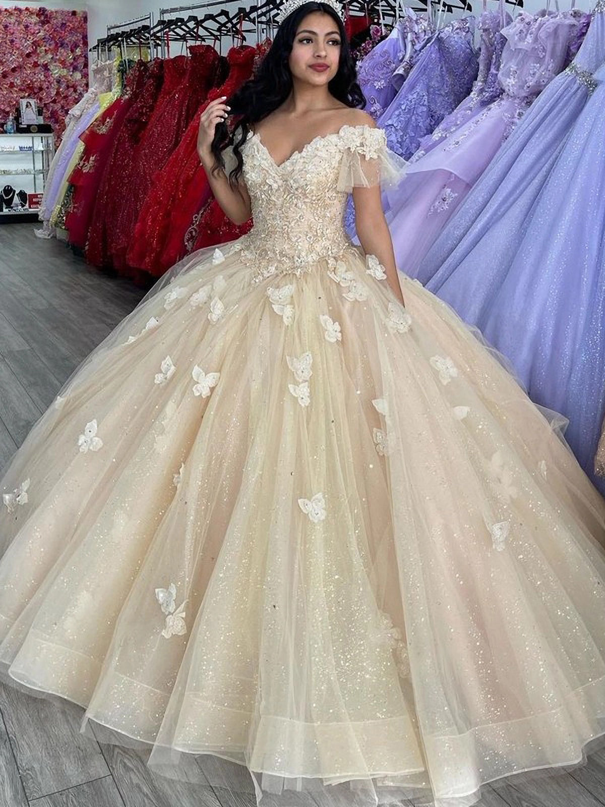 Simple & Casual Ball Gown Off Shoulder 3D Butterfly Lace Appliques Beaded Champagne Tulle Quinceanera Dress for Sweet 16