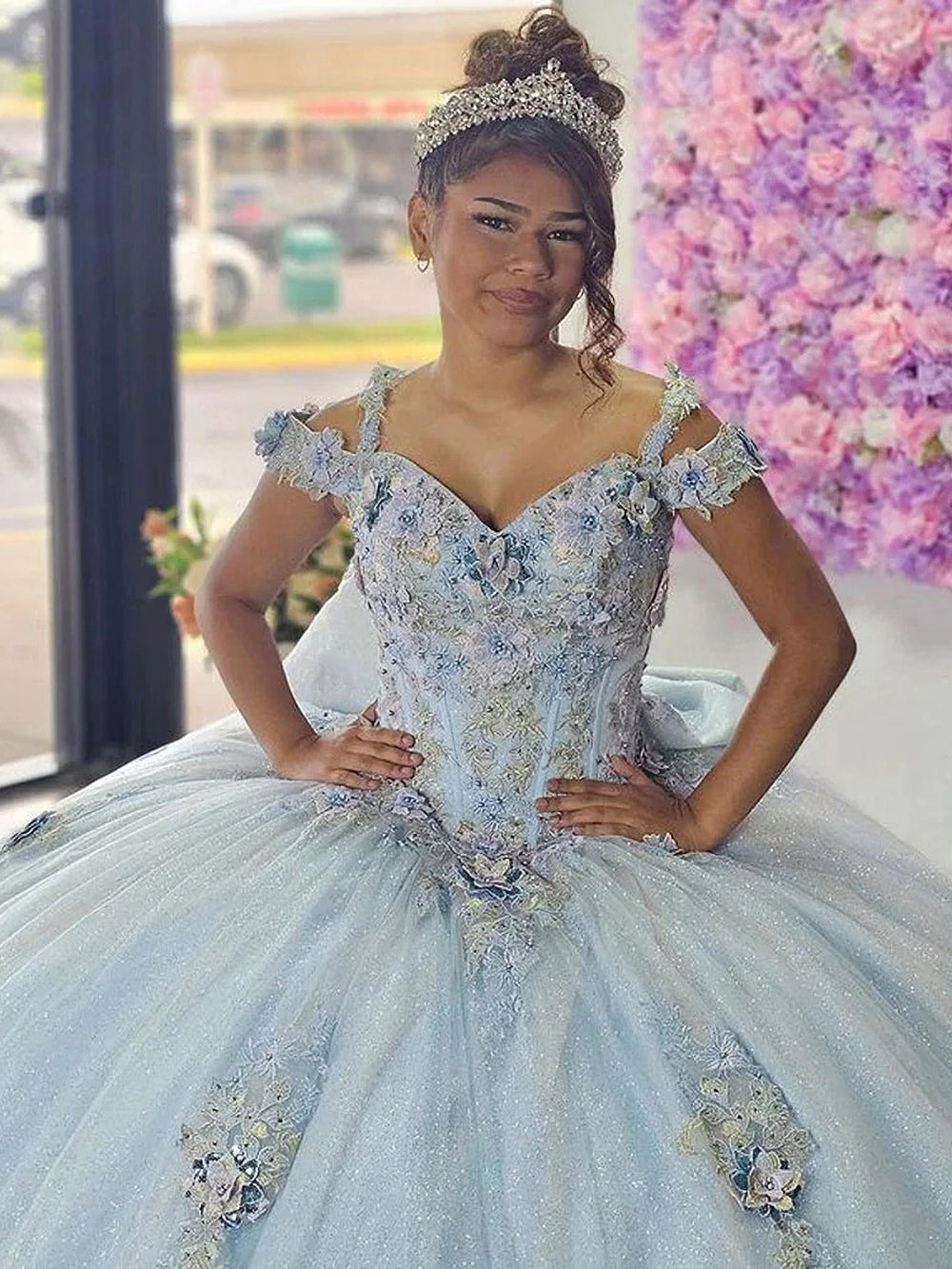 Luxury & Gorgeous Ball Gown Off Shoulder Beaded Flowers Appliques Sky Blue Tulle Quinceanera Dress Princess Birthday Party Gown for Sweet 16