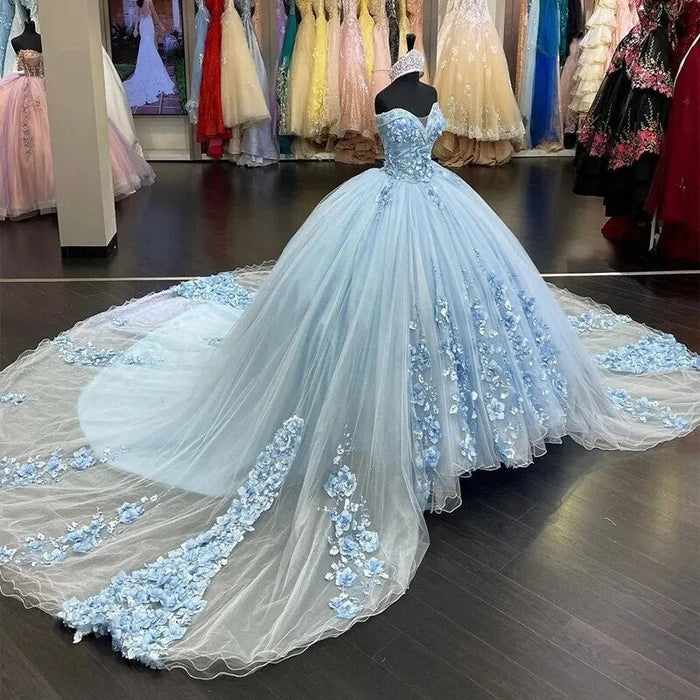 Glamorous Ball Gown Off-The-Shoulder Puff Sleeve Lace-Up Corset 3D Floral Tulle Evening Dress