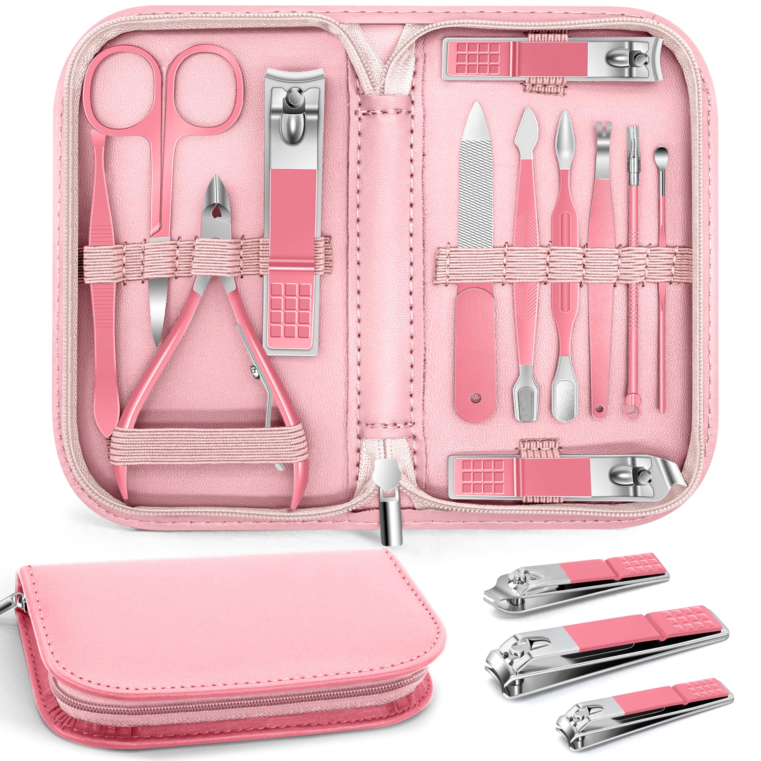 Manicure Pedicure Set, 12 Pcs Nail Care Kit for Women, Mens Nail Grooming Kit, Manicure & Pedicure Tools & Accessories, Pink Nail Kit Manicure Set Luxury Leather Case for Home Salon Use