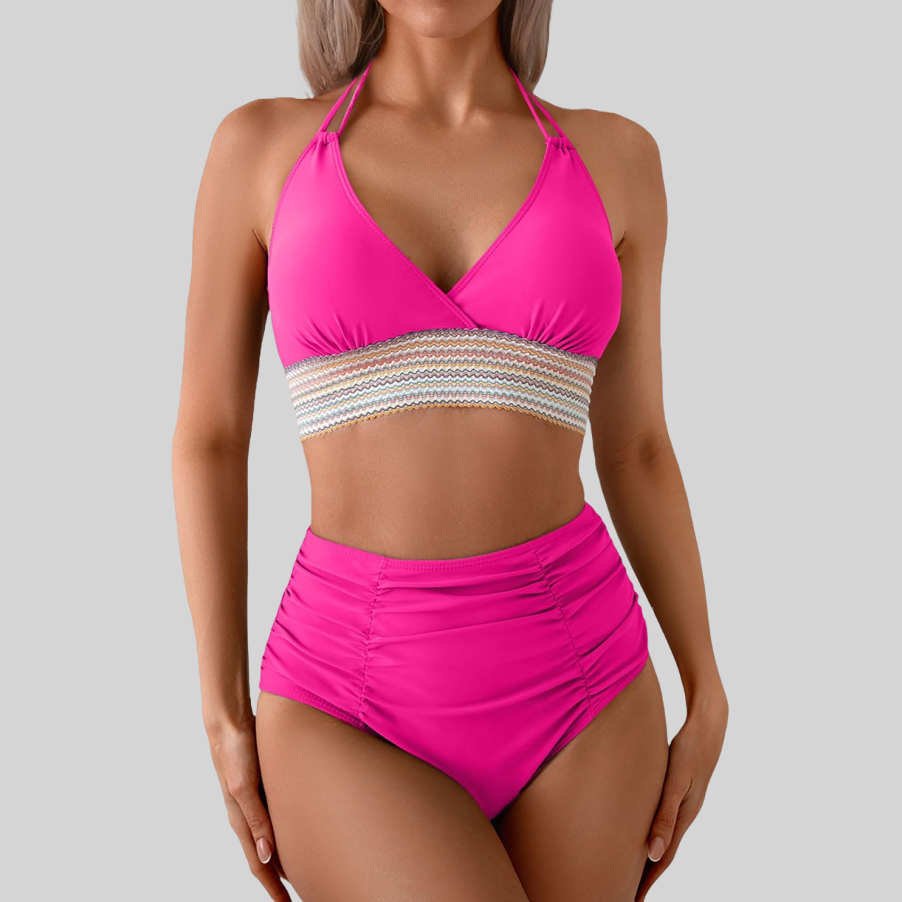 OmbreSwim - Two Piece High Waisted Bikini Sets Tummy Control Color Block Suspender Swimwear