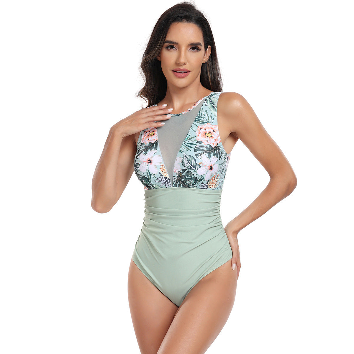 OmbreSwim - Womens One Piece Swimsuits Tummy Control Slimming Bikini Sets V Neck Printing Mesh Sheer Bathing Suit