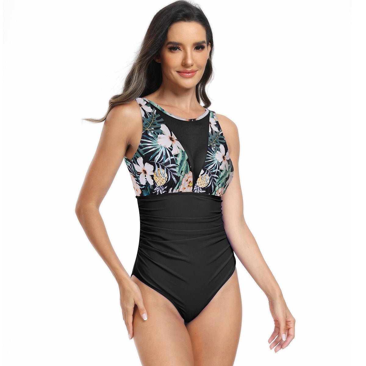 OmbreSwim - Womens One Piece Swimsuits Tummy Control Slimming Bikini Sets V Neck Printing Mesh Sheer Bathing Suit