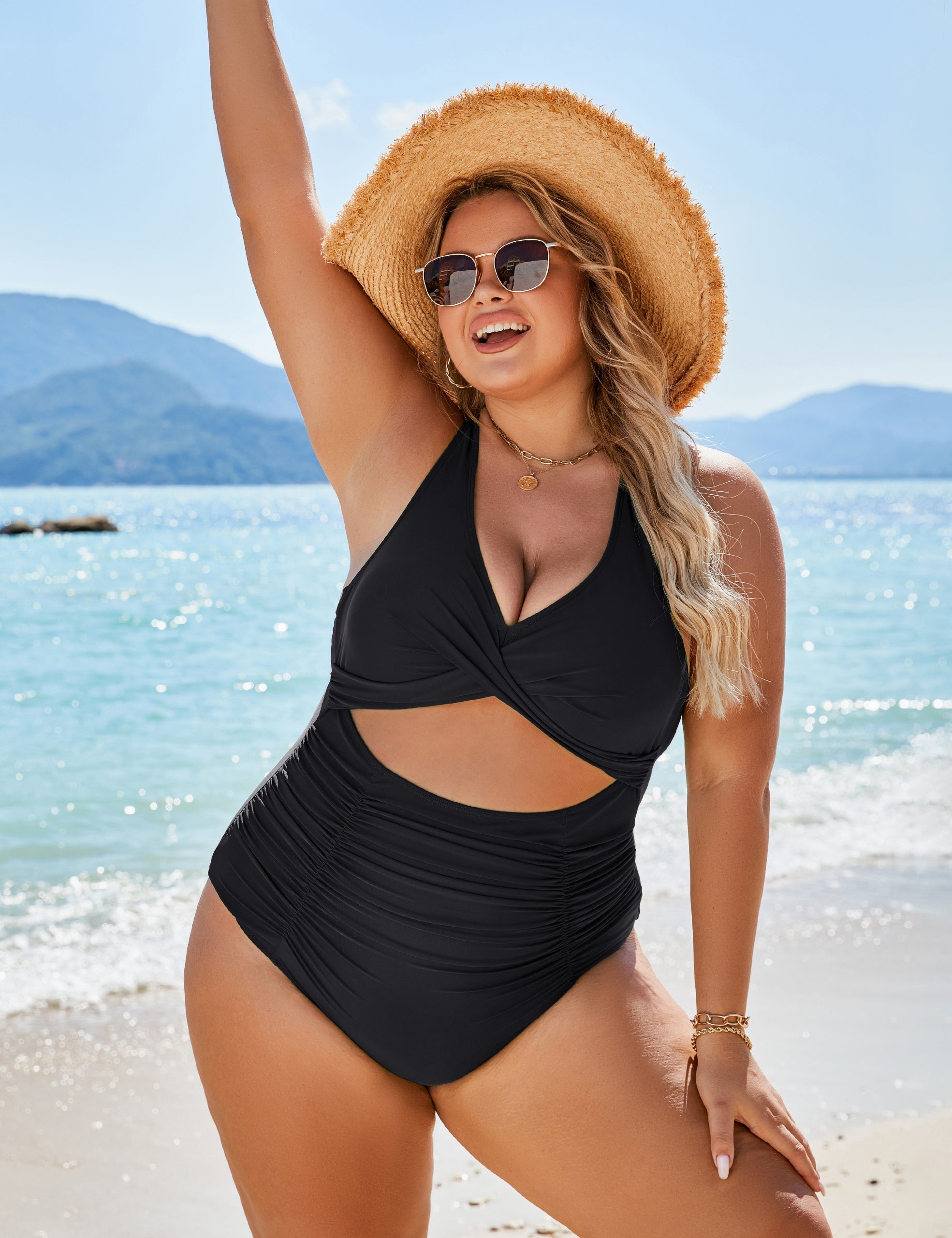 OmbreSwim - Womens One Piece Swimsuits Push Up Tummy Control Bathing Suits V Neck Cutout Modest Swimwear