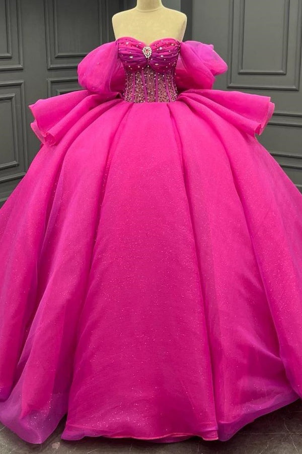 Ball Gown Off Shoulder Sleeveless Beaded Crystal Pleated Lace Up Bow Knot Corset Sparkly Fuchsia Tulle Quinceanera Dress Birthday Party Gown for Sweet 16