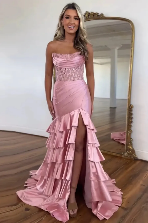 Sweet & Cute Mermaid Strapless Sleeveless Pleated Sequins Tiered High Side Slit and Train Floor Length Party Dress Prom Dresses Dress