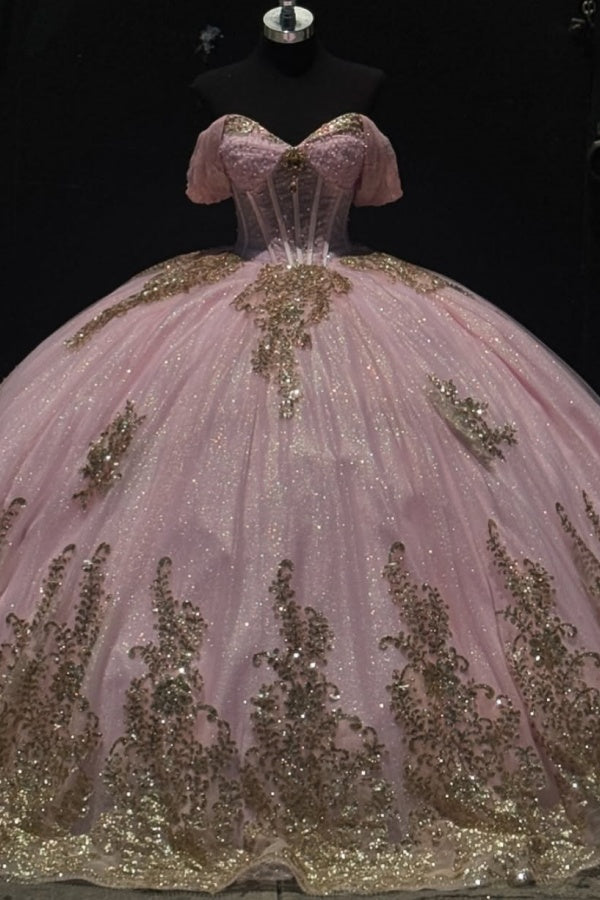 Glitter & Sparkly Ball Gown Sweetheart Neck Off Shoulder Beaded Gold Sequins Appliques Lace Up Pink Tulle Quinceanera Dress Birthday Party Gown for Sweet 16