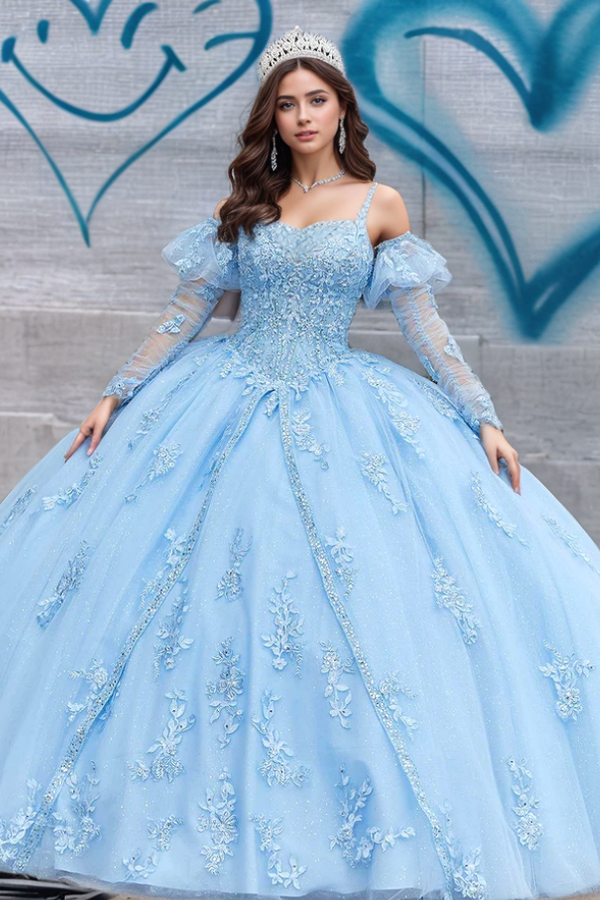 Chic & Modern Strapless Spaghetti Straps Detachable Long Sleeves Appliques Lace Up Baby Blue Tulle Quinceanera Dress Formal Evening Party Gown for Sweet 16