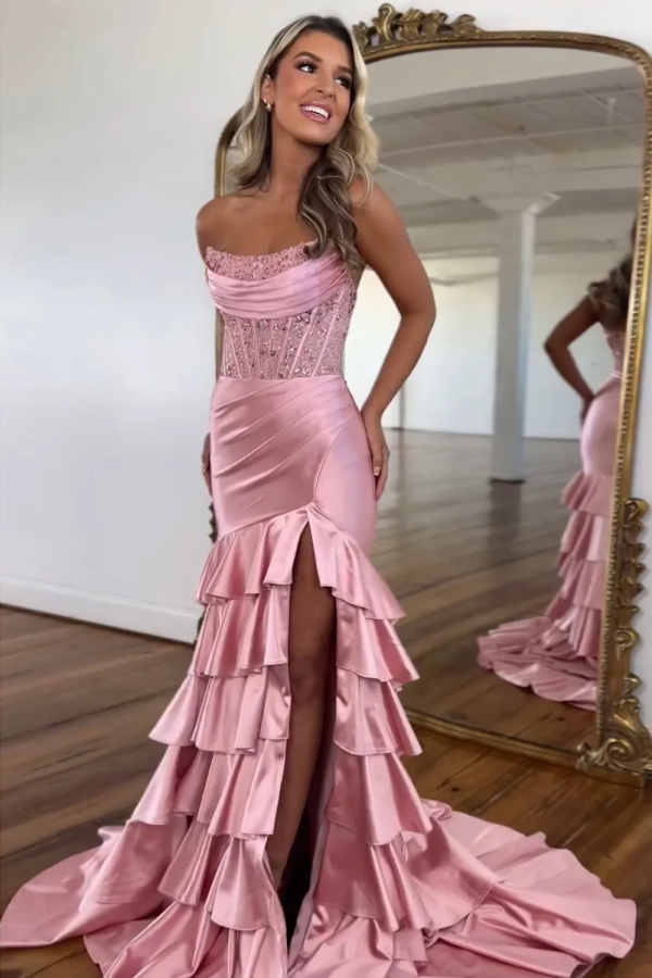 Sweet & Cute Mermaid Strapless Sleeveless Pleated Sequins Tiered High Side Slit and Train Floor Length Party Dress Prom Dresses Dress