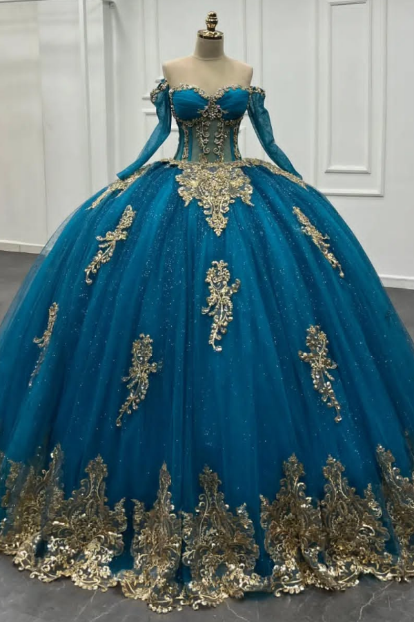 Ball Gown Off Shoulder Long Sleeves Beaded 3D Gold Appliques Lake Blue Tulle Quinceanera Dress Birthday Party Gown for Sweet 16