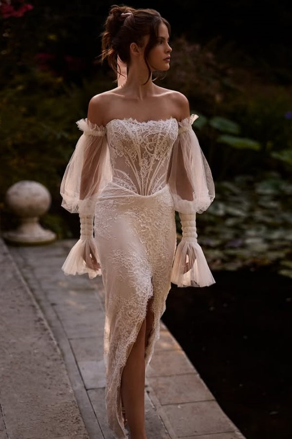 Luxury & Gorgeous Strapless Detachable Long Sleeves Fully Lace Wedding Dress High Side Slit and Train Beach Boho Bride Gown