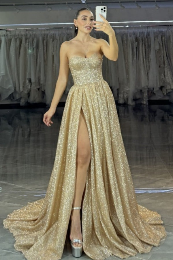 Glitter & Simple A-Line Strapless Sleeveless Evening Party Dress Glod Prom Dresses Dress High Side Slit and Train Wedding Guest Dress