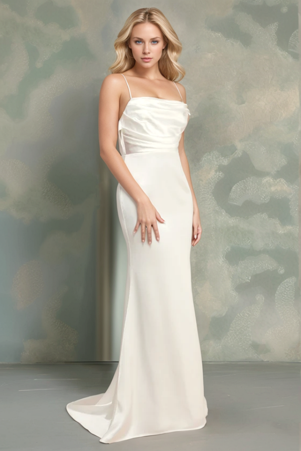 Simple Mermaid Strapless Spaghetti Straps Sleeveless Ruched Backless Court Train Beach Wedding Dress Bride Gown