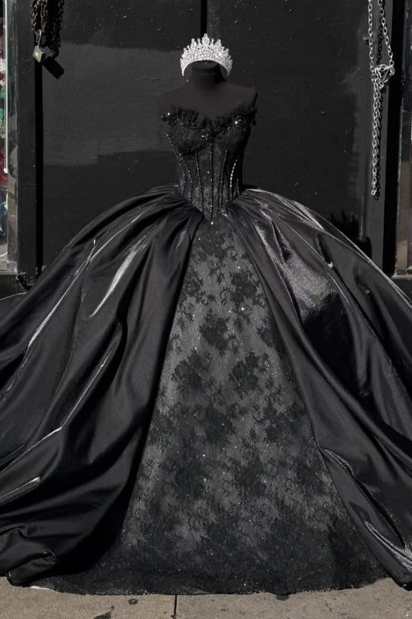 Elegant & Glamorous Ball Gown Sweetheart Neck Beaded Lace Sequins Lace Up Black Satin Quinceanera Dress Birthday Party Gown for Sweet 16