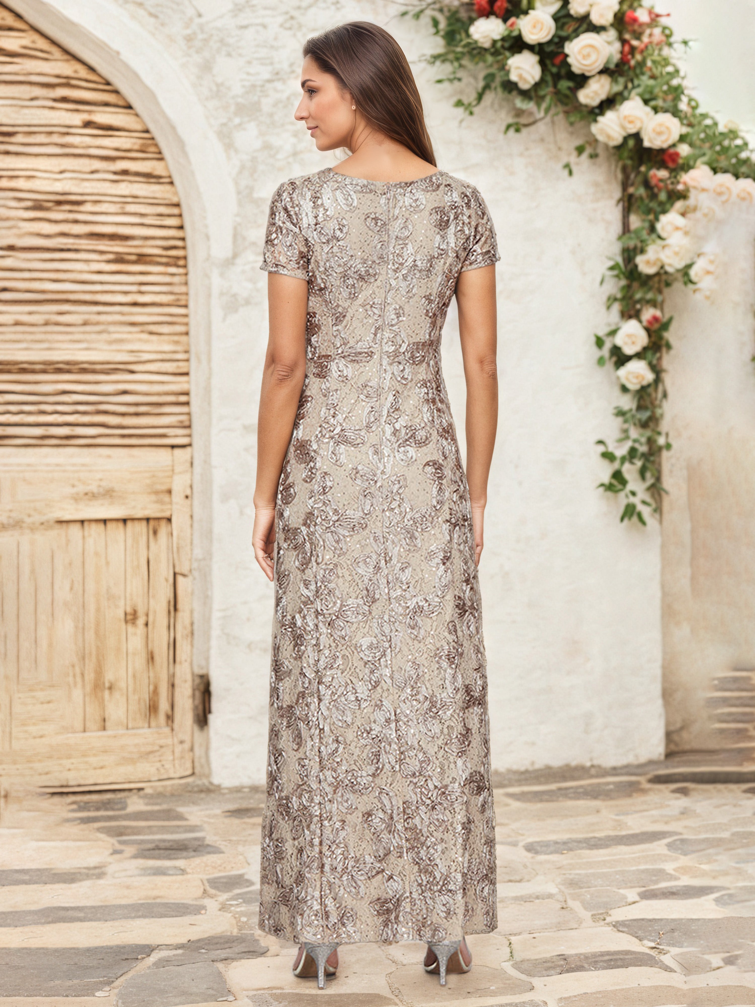 Champagne A-Line Maxi Mother of the Bride Dress with Short Sleeves Lace Appliques and Sequin Details