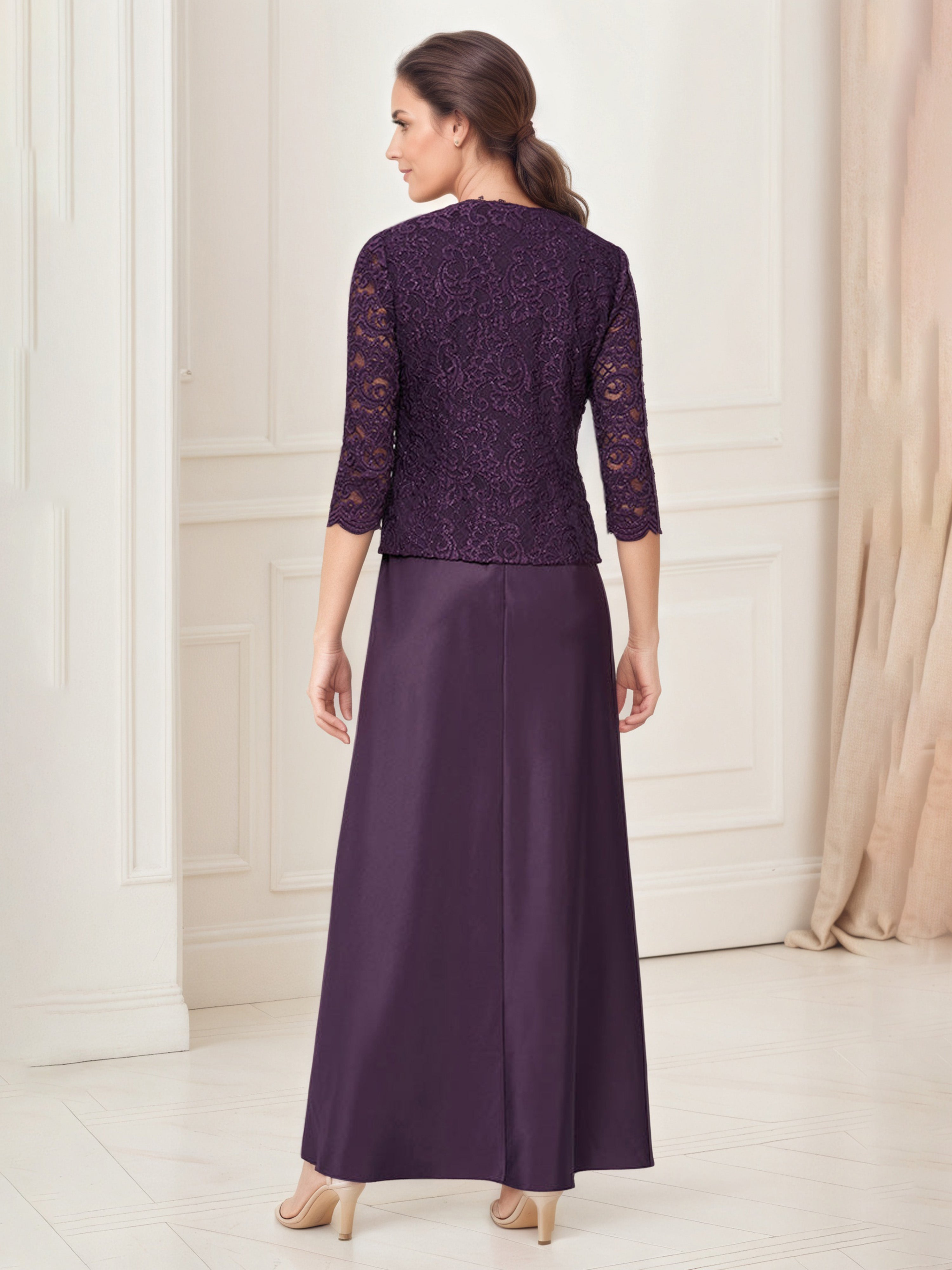 Aubergine Satin Mother of the Bride Dress with Glitter Lace Bodice and Matching Lace Jacket