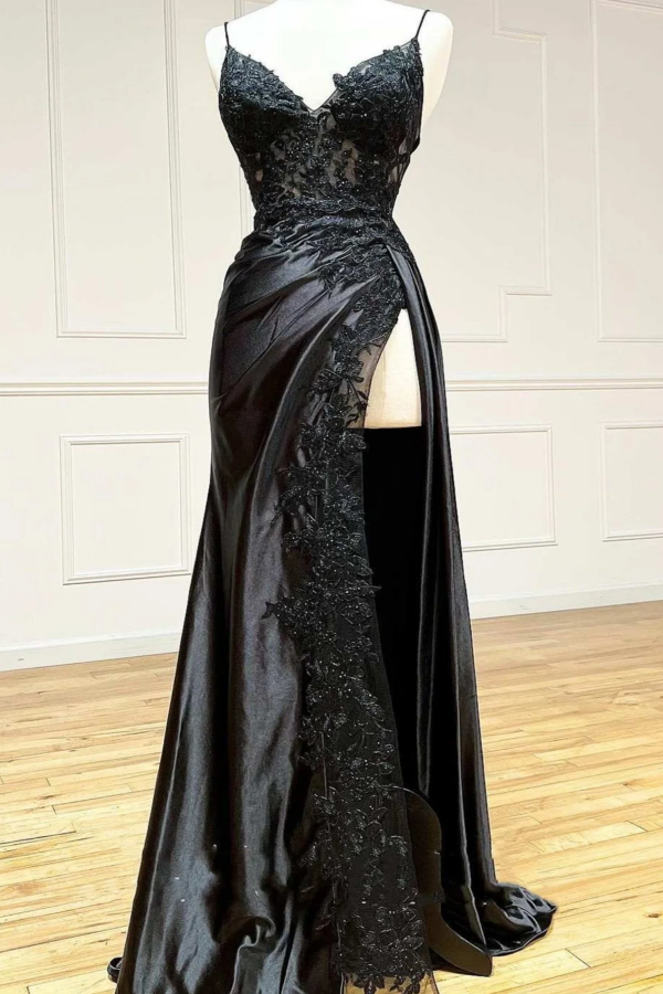 Elegant Sheath V Neck Spaghetti Straps Sleeveless Pleated Lace Appliques Long Prom Dresses aty Dress High Side Slit and Train Formal Evening Gown Cocktail Dress