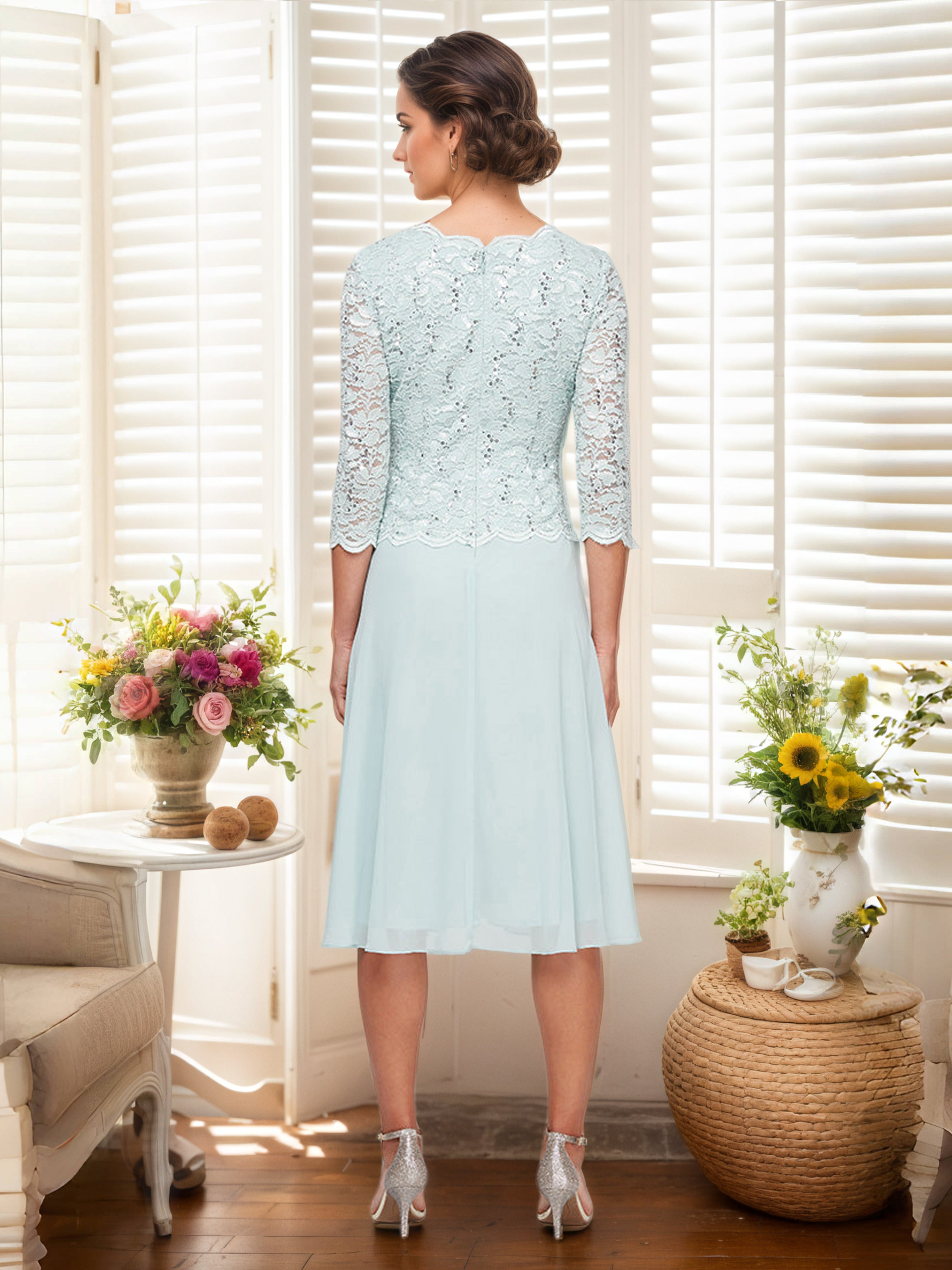 Celadon A-Line Lace Top 3/4 Length Sleeves Chiffon Mother Of The Bride Dress