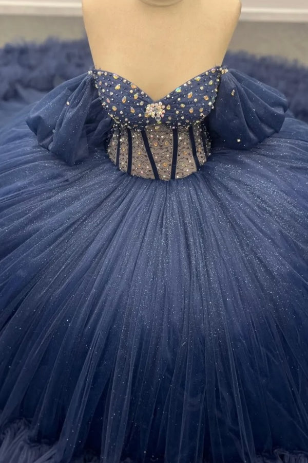 Ball Gown Off Shoulder Sleeveless Beaded Crystal Pleated Sequins Ruffles Tiered Lace Up Sparkly Dark Navy Tulle Quinceanera Dress Formal Evening Party Gown for Sweet 16