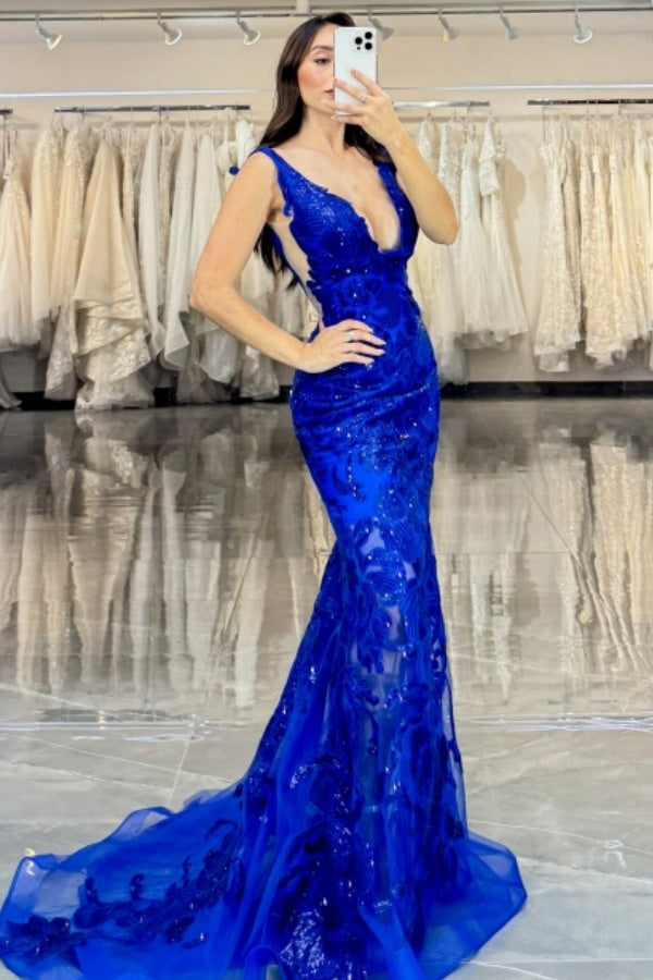 Elegant Mermaid Low V Neck Straps Sleeveless Open Back Floor Length Prom Dresses Party Dress Royal Blue Appliques Tulle Formal Evening Gown with Train