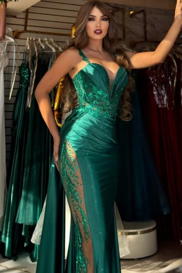 Gorgeous Sheath Strapless Spaghetti Straps Sequins Appliques Prom Dresses Dress Dark Green Pleated Cocktail Dress Formal Evening Gown