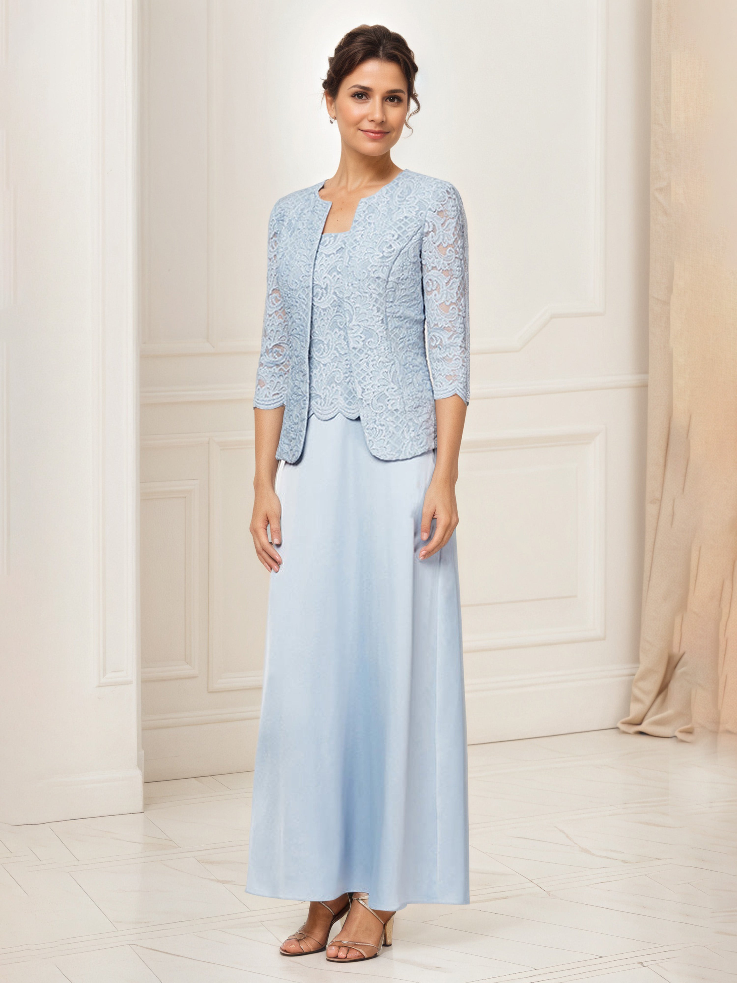 Sky Blue Satin Mother of the Bride Dress with Glitter Lace Bodice and Matching Lace Jacket