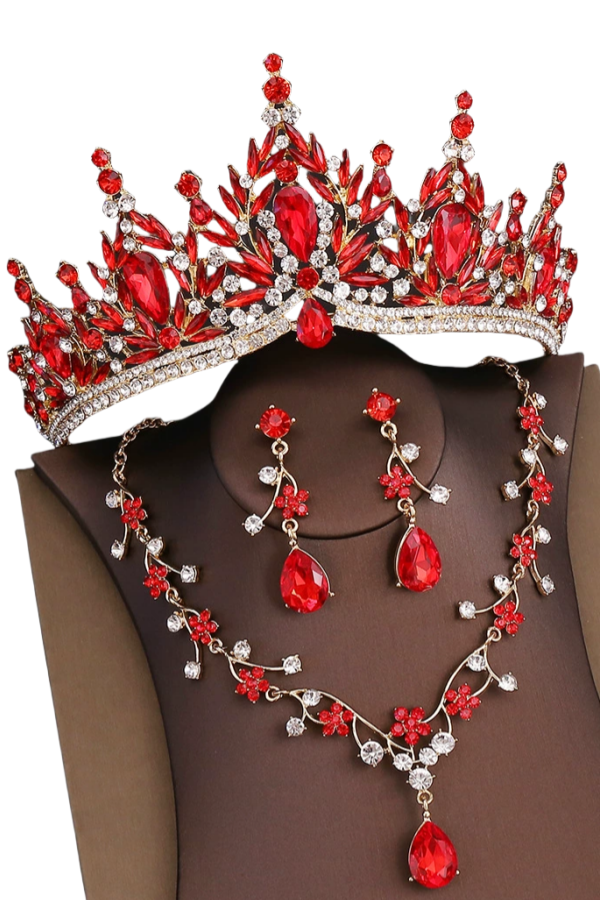 OMB1008 - Rhinestone Headpiece Quinceanera Dress Accessories Birthday Wedding Necklace, Earrings and Crown Three Piece Set
