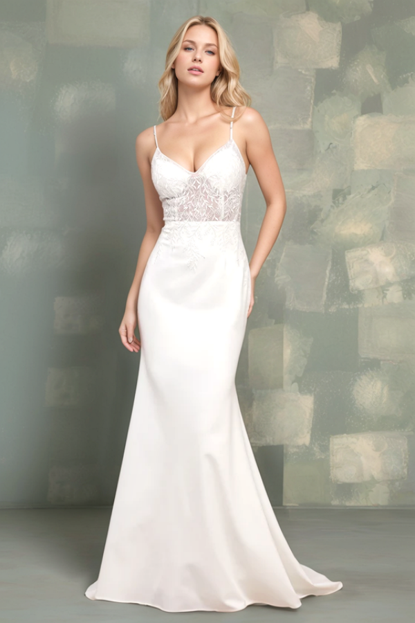 Elegant & Classic Mermaid V Neck Spaghetti Straps Sleeveless Appliques Open Back Satin Wedding Dress Bride Gown