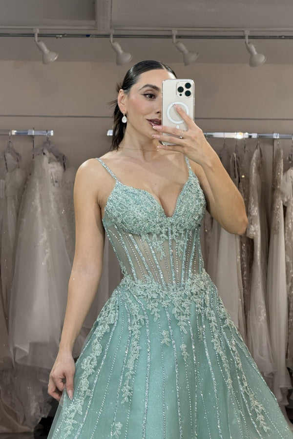 Chic & Modern A-Line Strapless Spaghetti Straps Sleeveless Appliques Beaded Floor Length Prom Dresses Dress Mint Green Tulle Evening Party Dress Cocktail Dress Wedding Guest Gown