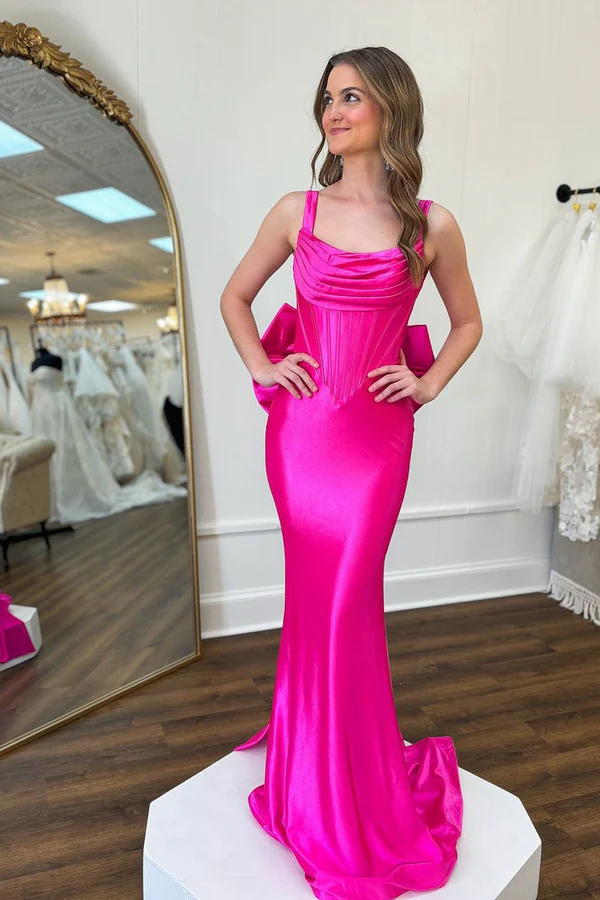 Chic & Modern Mermaid Squeare Neck Straps Sleeveles Open Back Bow Knot Floor Length Prom Dresses Dress Evening Party Gown with Train
