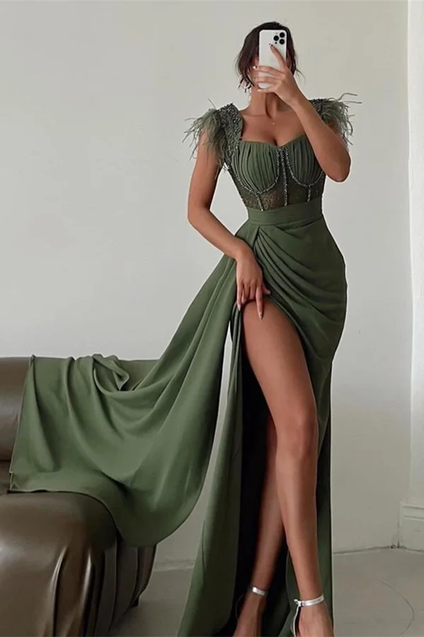 Sheath Sweetheart Neck Straps Sleeveless Pleated Beaded Sequins Feather High Side Slit and Train Floor Length Prom Dresses Dress Party Dress Evening Gown