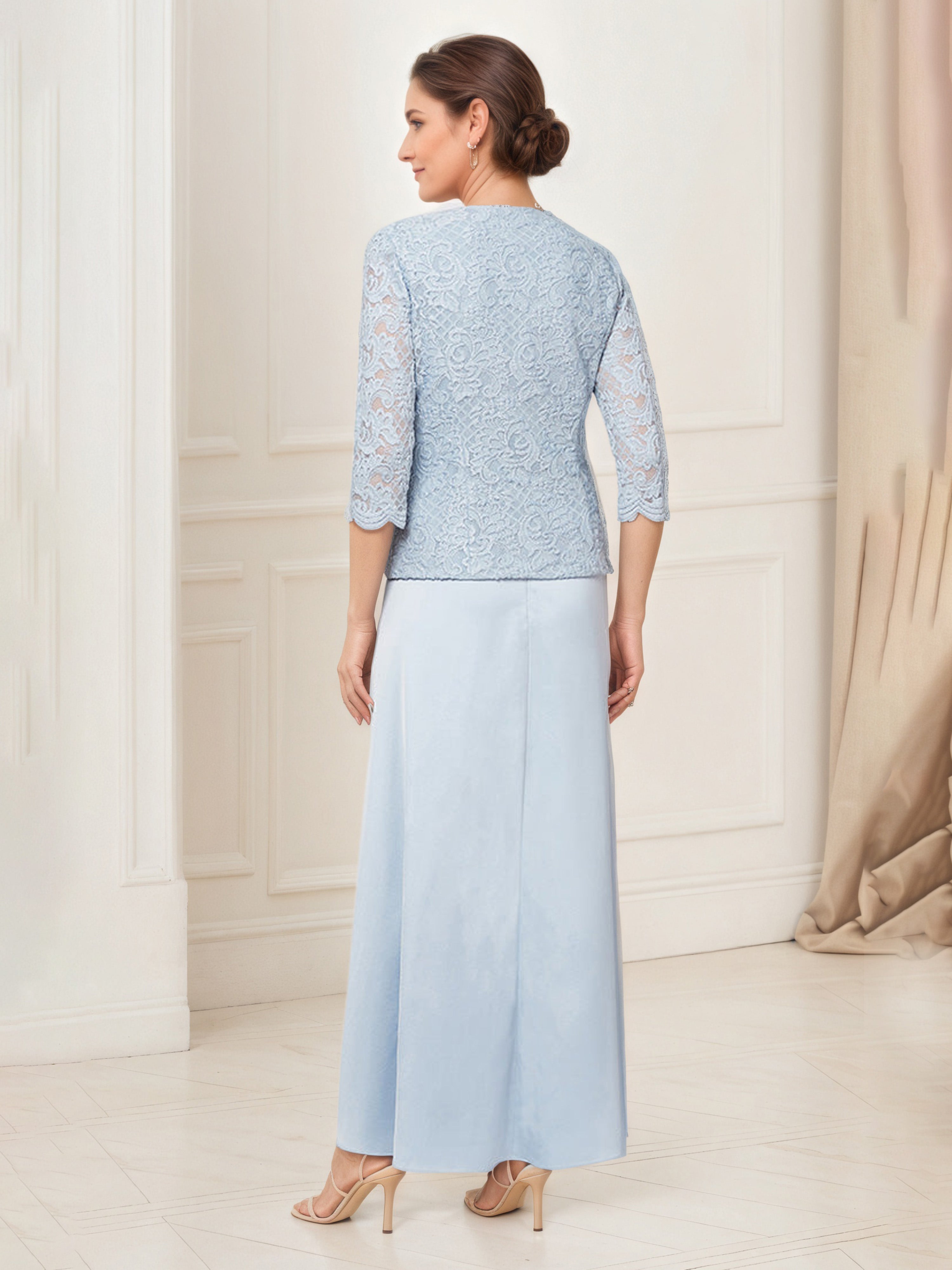 Sky Blue Satin Mother of the Bride Dress with Glitter Lace Bodice and Matching Lace Jacket