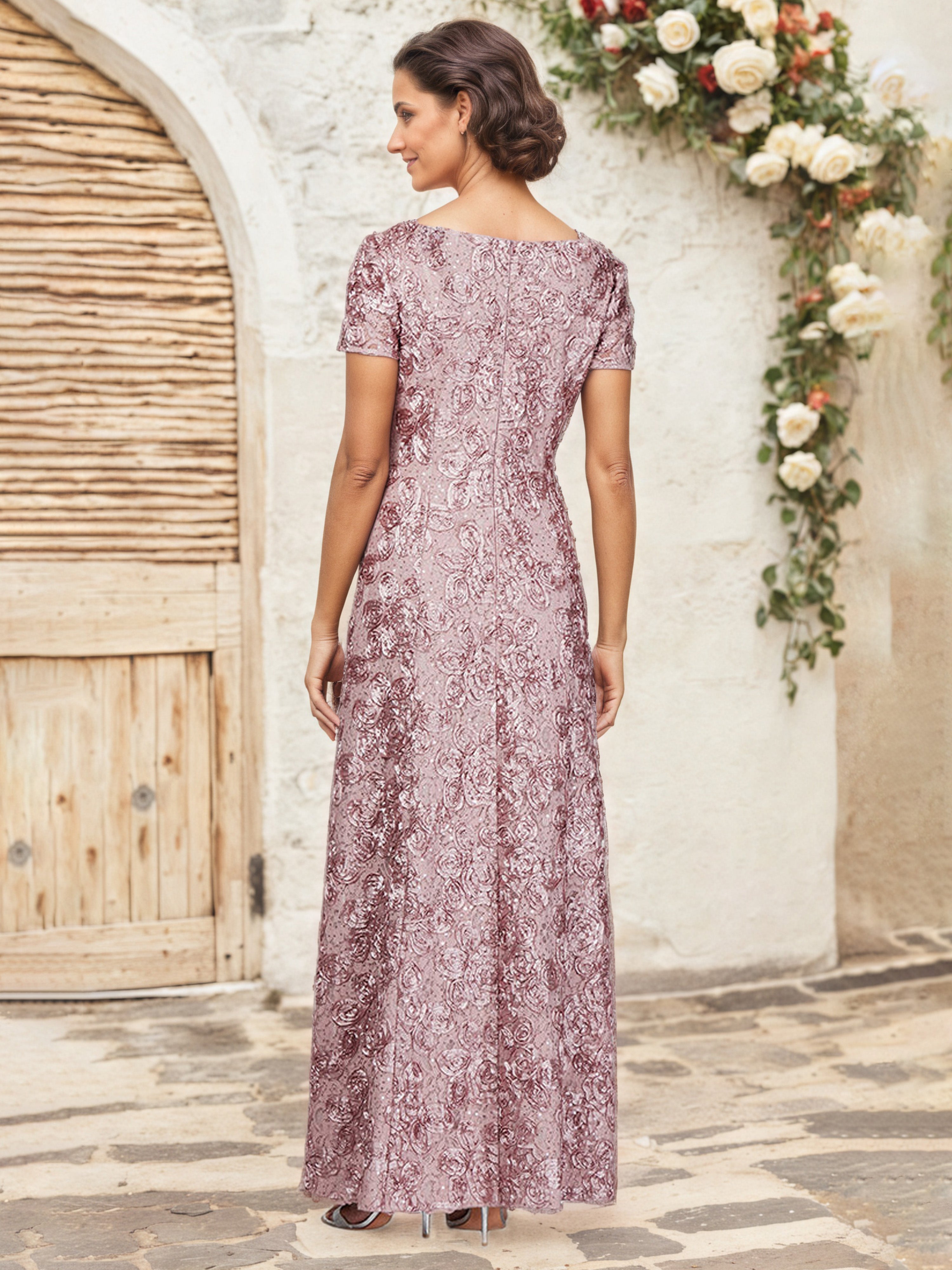 Dusty Rose A-Line Maxi Mother of the Bride Dress with Short Sleeves Lace Appliques and Sequin Details