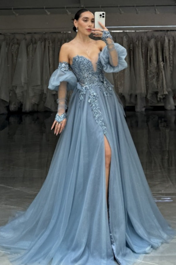 Gorgeous A-Line Strapless Detachable Long Sleeves Appliques Tulle Floor Length Formal Prom Dresses Dress High OMBist High Side Slit Evening Gown Wedding Guest Dress