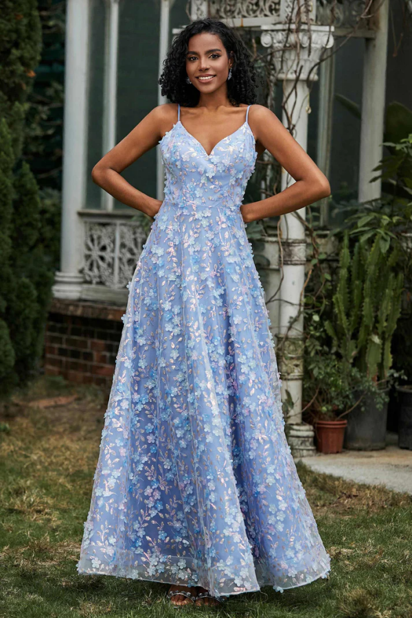 Casual & Cute Sky Blue A-Line Strapless Spaghetti Straps Sleeveless Prom Dresses Party Dress 3D Flower Tulle High Side Slit Open Back Evening Formal Dress Wedding Guest Dress