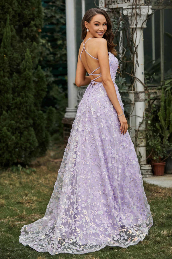 Chic & Sexy Light Purple A-Line Strapless Spaghetti Straps Sleeveless Prom Dresses Party Dress 3D Flower Tulle High Side Slit Open Back Evening Party Dress Cocktail Dress