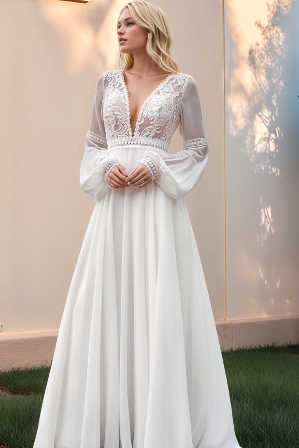 Elegant A-Line Low V Neck Long Lantern Sleeves Appliques Back Zipper Chiffon Boho Wedding Dress Beach Bride Gown