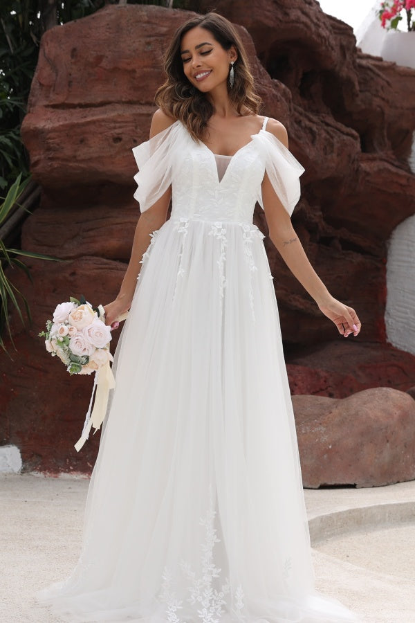 Chic A-Line Off Shoulder Spaghetti Straps Appliques Tulle Wedding Dress Floor Length Lace Up Beach Bride Gown