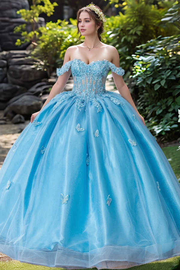 Elegant & Gorgeous Ball Gown Off Shoulder Sleeveles 3D Butterfly Appliques Tulle Quinceanera Dress Prom Dresses Party Dress for Sweet 16