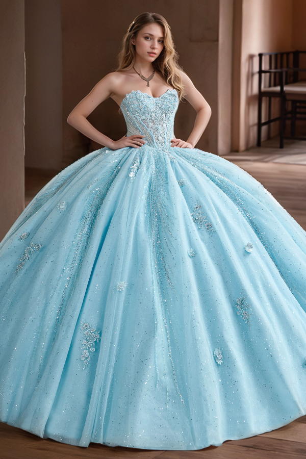 Elegant & Glitter Ball Gown Strapless Sleeveless Flower Appliques Sweet Train Sky Blue Tulle Quinceanera Dress Formal Evening Party Gown for Sweet 16