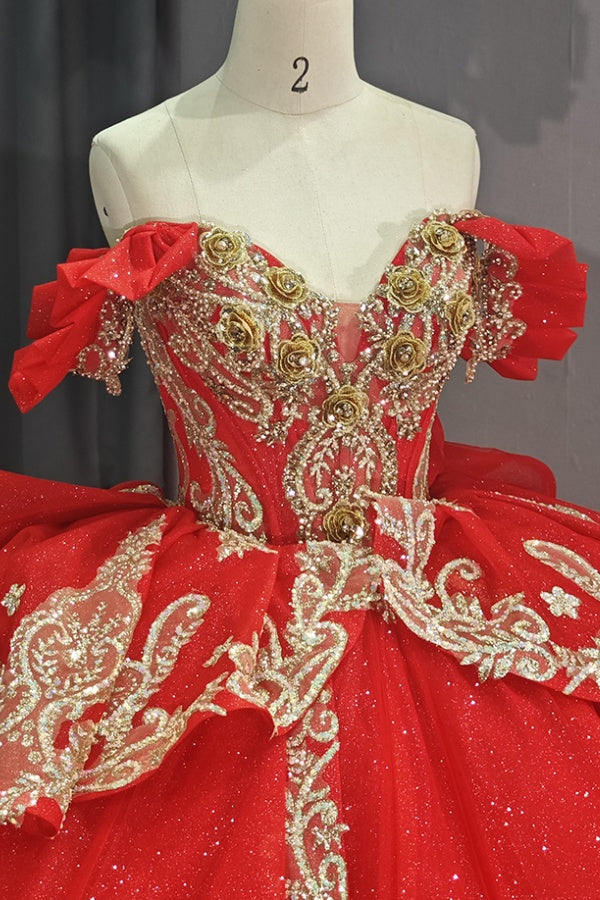 Off Shoulder Sleeveless 3D Flowers Beaded Sequins Gold Appliques Bow Knot Lace Up Sparkly Red Tulle Quinceanera Dress for Sweet 16
