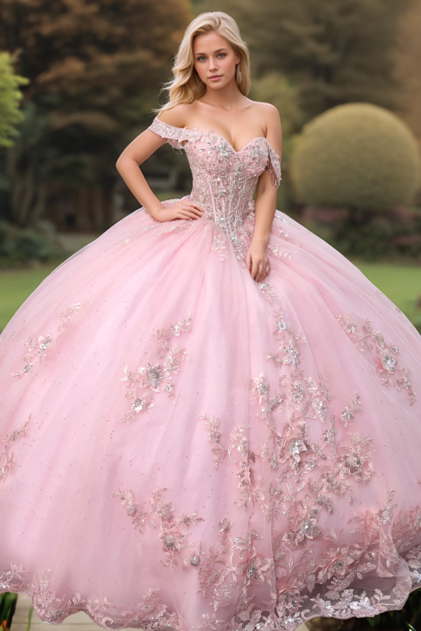Cute & Chic Ball Gown Off Shoulder Sleeveless Beaded Sequins Appliques Pink Tulle Quinceanera Dress Birthday Party Dress for Sweet 16