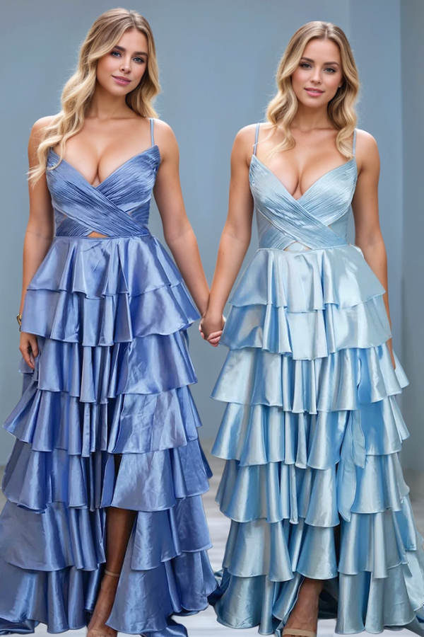 Chic & Modern A-Line V Neck Spaghetti Straps Sleeveless Prom Dresses Party Dress Pleated Tiered Slit Evening Gown Formal Dress