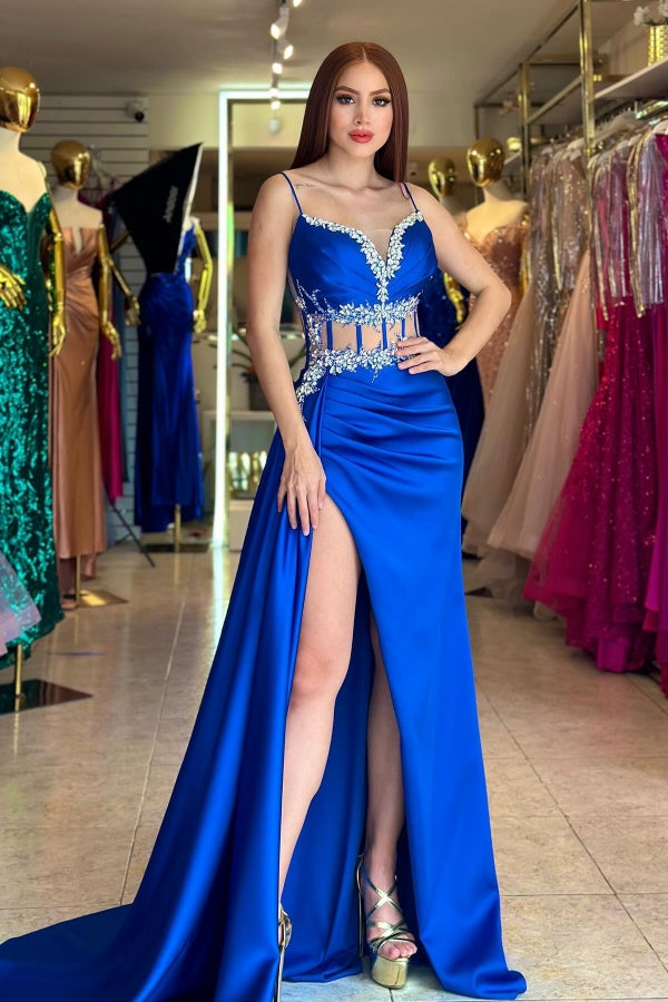 Elegant & Classic Sheath Strapless Sleeveless Pleated Crystal Formal Prom Dresses Dress Satin Pleated High Side Slit Back Zipper Evening Dress Wedding Dress Cocktail Gown