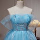Blue Off The Shoulder Beading Appliques Tulle Short Homecoming Dresses