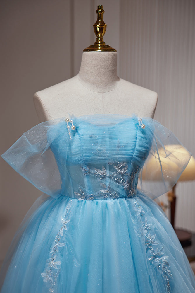 Blue Off The Shoulder Beading Appliques Tulle Short Homecoming Dresses