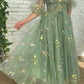 Green V Neck Short Sleeves Ankle Length Floral Tulle Short Prom Dresses